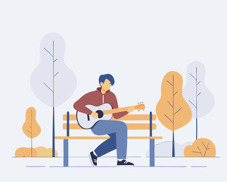 The young man sitting on the bench and playing acoustic guitar in the park illustrationのイラスト素材