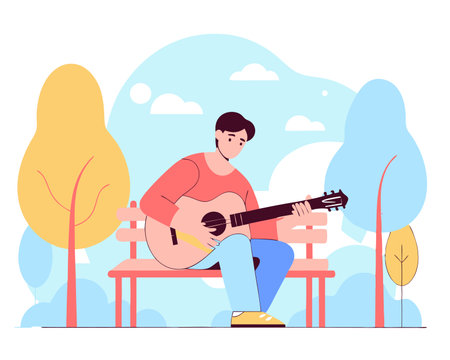 The young man sitting on the bench and playing acoustic guitar in the park illustrationのイラスト素材