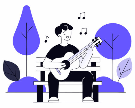 The young man sitting on the bench and playing acoustic guitar in the park illustrationのイラスト素材
