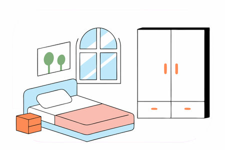 Bedroom architecture with bed and closet window with isometric style illustration vector on white backgroundのイラスト素材