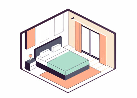 Bedroom architecture with bed and closet window with isometric style illustration vector on white backgroundのイラスト素材