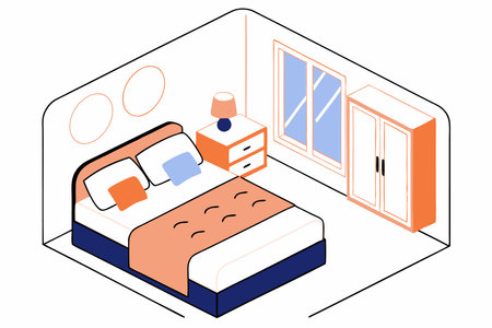 Bedroom architecture with bed and closet window with isometric style illustration vector on white backgroundのイラスト素材