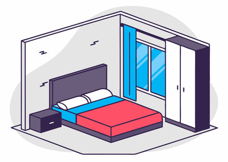 Bedroom architecture with bed and closet window with isometric style illustration vector on white backgroundのイラスト素材