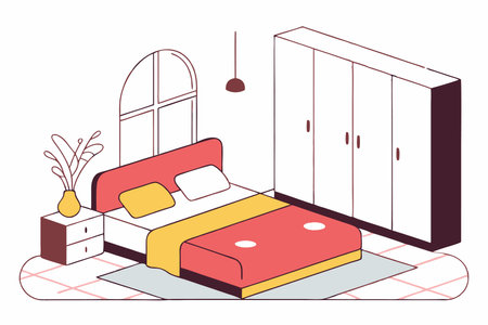 Bedroom architecture with bed and closet window with isometric style illustration vector on white backgroundのイラスト素材