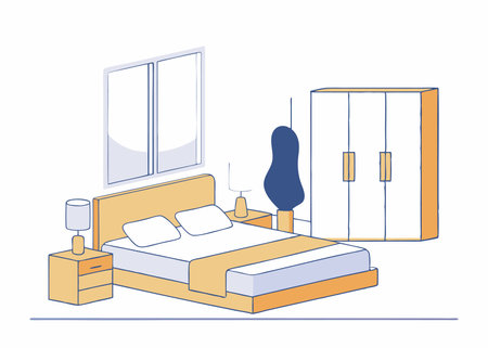 Bedroom architecture with bed and closet window with isometric style illustration vector on white backgroundのイラスト素材