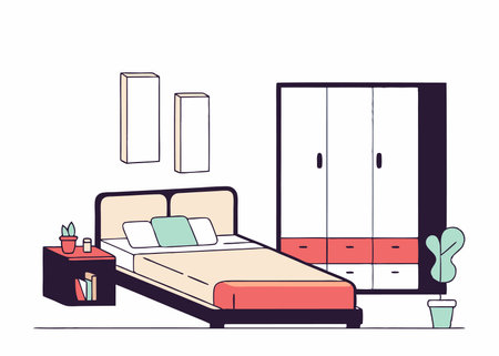 Bedroom architecture with bed and closet window with isometric style illustration vector on white backgroundのイラスト素材