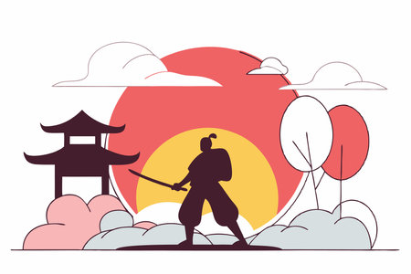 Gradient samurai silhouette illustration vector on white backgroundのイラスト素材