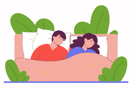 Men and women sleep on pillows in bed at home set illustration vector on white backgroundのイラスト素材