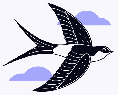 Flying bird in blue sky Free wild swallow illustrationのイラスト素材
