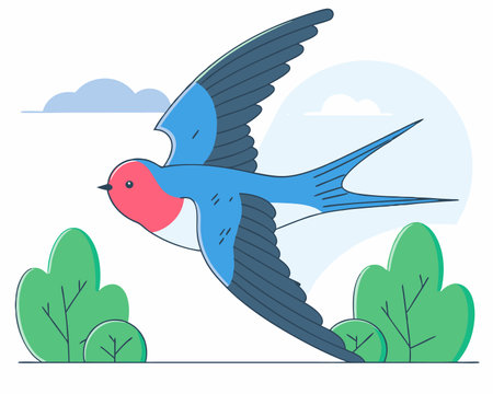 Flying bird in blue sky Free wild swallow illustrationのイラスト素材