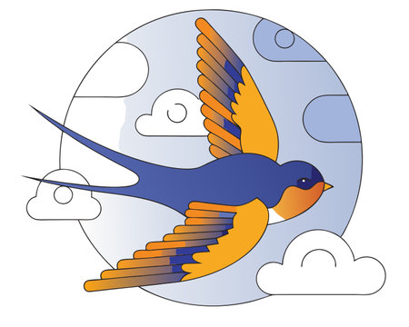 Flying bird in blue sky Free wild swallow illustrationのイラスト素材