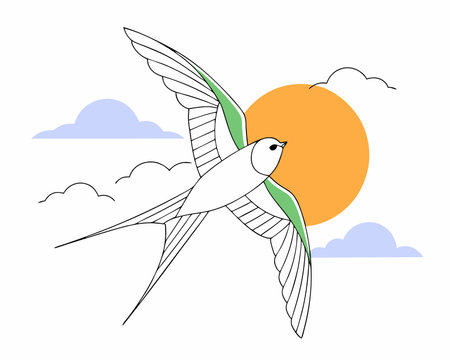 Flying bird in blue sky Free wild swallow illustrationのイラスト素材