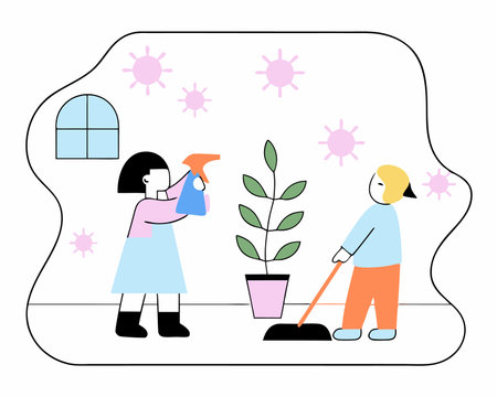 Girl spraying houseplant Kid cleaning house Child housework illustrationのイラスト素材