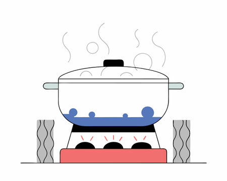 Cartoon pot with hot boiling water, vector illustration of cooking object for kitchen on flaming gasのイラスト素材