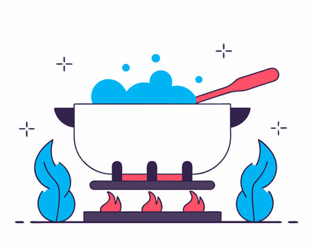Cartoon pot with hot boiling water, vector illustration of cooking object for kitchen on flaming gasのイラスト素材