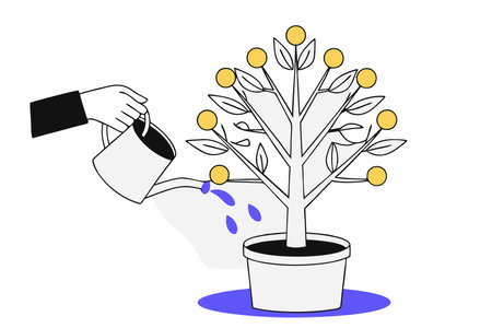Hand watering money fruit tree with can illustration vector on transparent backgroundのイラスト素材