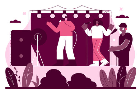 Popular music abstract concept illustration. Popular singer tour, pop music industry, top chart artist, musical band production service, recording studio, book for event illustration vector on white backgroundのイラスト素材