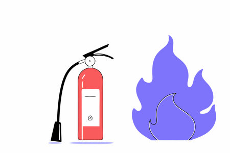 Red fire extinguisher and burning fire with smoke illustration vector on white backgroundのイラスト素材