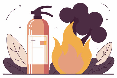 Red fire extinguisher and burning fire with smoke illustration vector on white backgroundのイラスト素材
