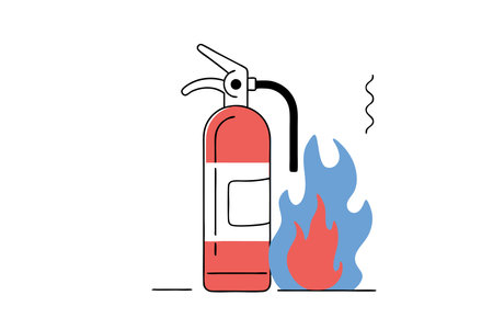 Red fire extinguisher and burning fire with smoke illustration vector on white backgroundのイラスト素材