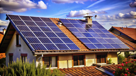 Solar panels on the roof of a house. Alternative energy source.の写真素材
