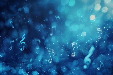 Music notes on blue bokeh background. 3D Rendering