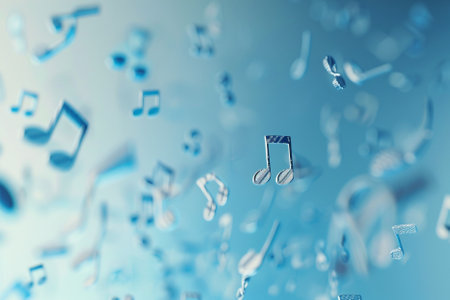 music notes flying in the air on a blue background. 3d rendering