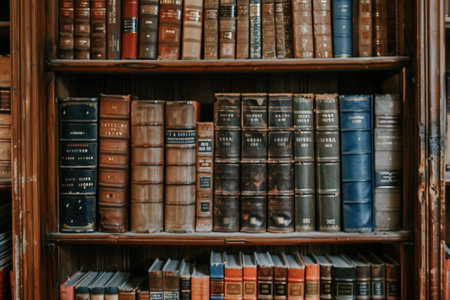 old bookshelf in a library, many old books on the shelves