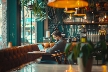 Young man working on laptop in cafe. Freelance and remote work concept.