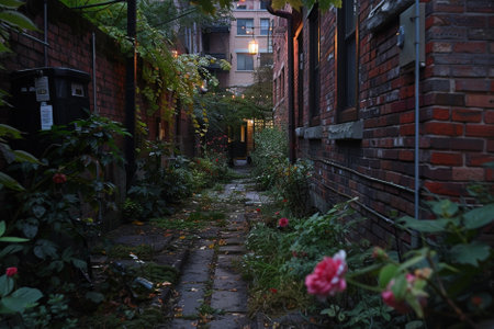 A narrow alley between brick buildings with overgrown plants and flowersの写真素材