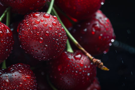 Ripe red cherries with water drops on a black background.