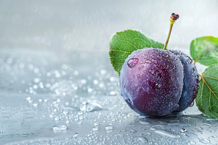 Fresh ripe plums with water drops on grey background, closeup