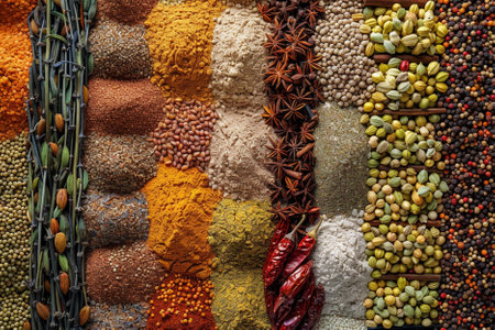 Spices and herbs on display at market, closeup. Food background