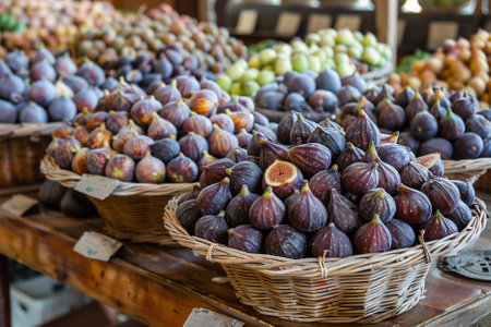 Fresh figs in baskets for sale at a farmers market in Italyの写真素材