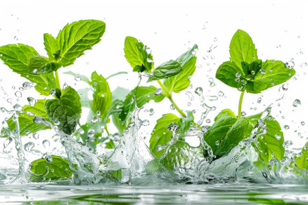 Fresh mint leaves falling into water with splash, isolated on white backgroundの写真素材