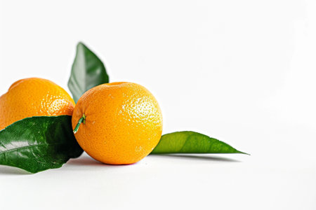 Ripe tangerines with green leaves on a white background.