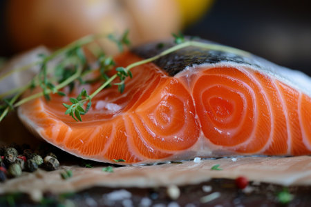 Salmon fillet with herbs and spices on a dark wooden background