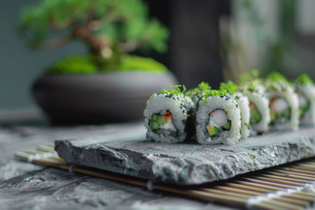 Japanese sushi rolls with vegetables served on a stone slate plate with decorative plant in...