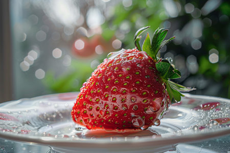 Strawberry on a plate with water drops, close-upの写真素材