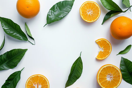 Oranges with green leaves on white background. Flat lay, top view