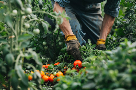Farmer harvesting tomatoes in a greenhouse. Selective focus. nature.の写真素材