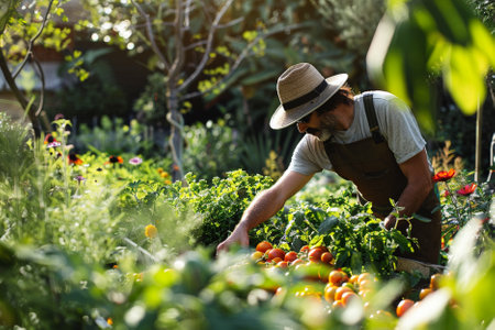 Portrait of a male gardener working in his garden, harvesting tomatoes