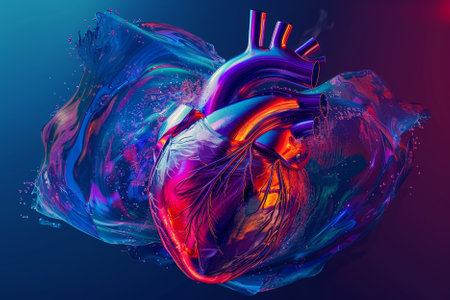 Human heart in neon light. 3D illustration. 3D rendering.の写真素材