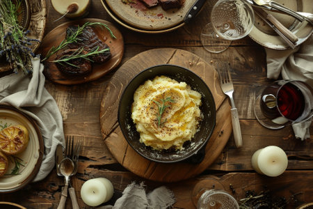 Mashed potatoes with rosemary in a bowl on a wooden tableの写真素材