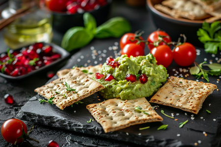 Avocado hummus with pomegranate seeds and crackersの写真素材