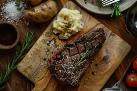 Grilled steak with mashed potatoes and rosemary on a wooden board