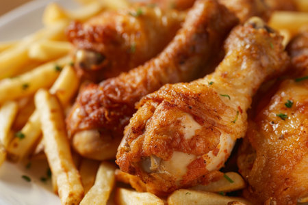 Fried chicken drumsticks with french fries close-up. horizontal