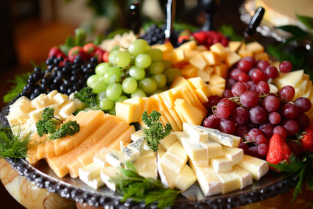 Cheese platter with variety of cheeses, grapes and nutsの写真素材