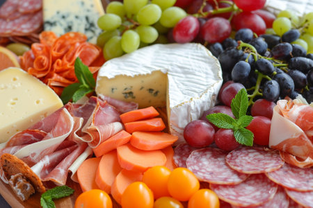 Assortment of cheese, ham, prosciutto, salami and grapes