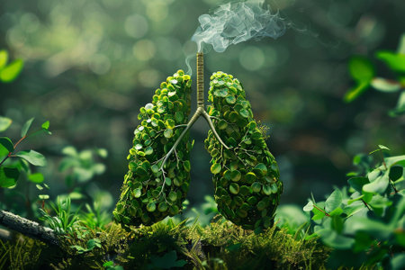 Human lungs with green leaves and smoke in the forest. Environmental protection concept.の写真素材
